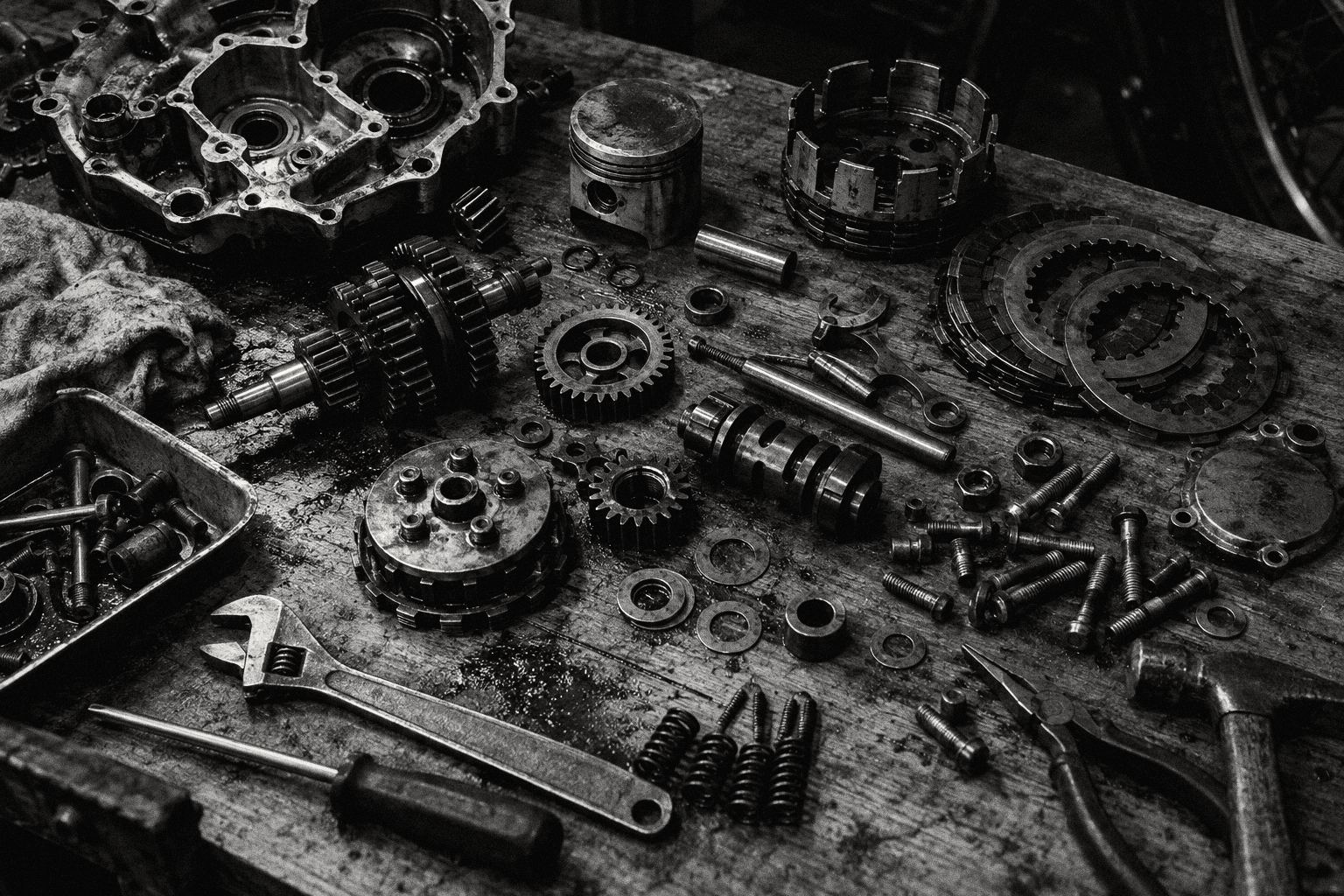 イメージ写真:木の作業台に並べた部品と工具